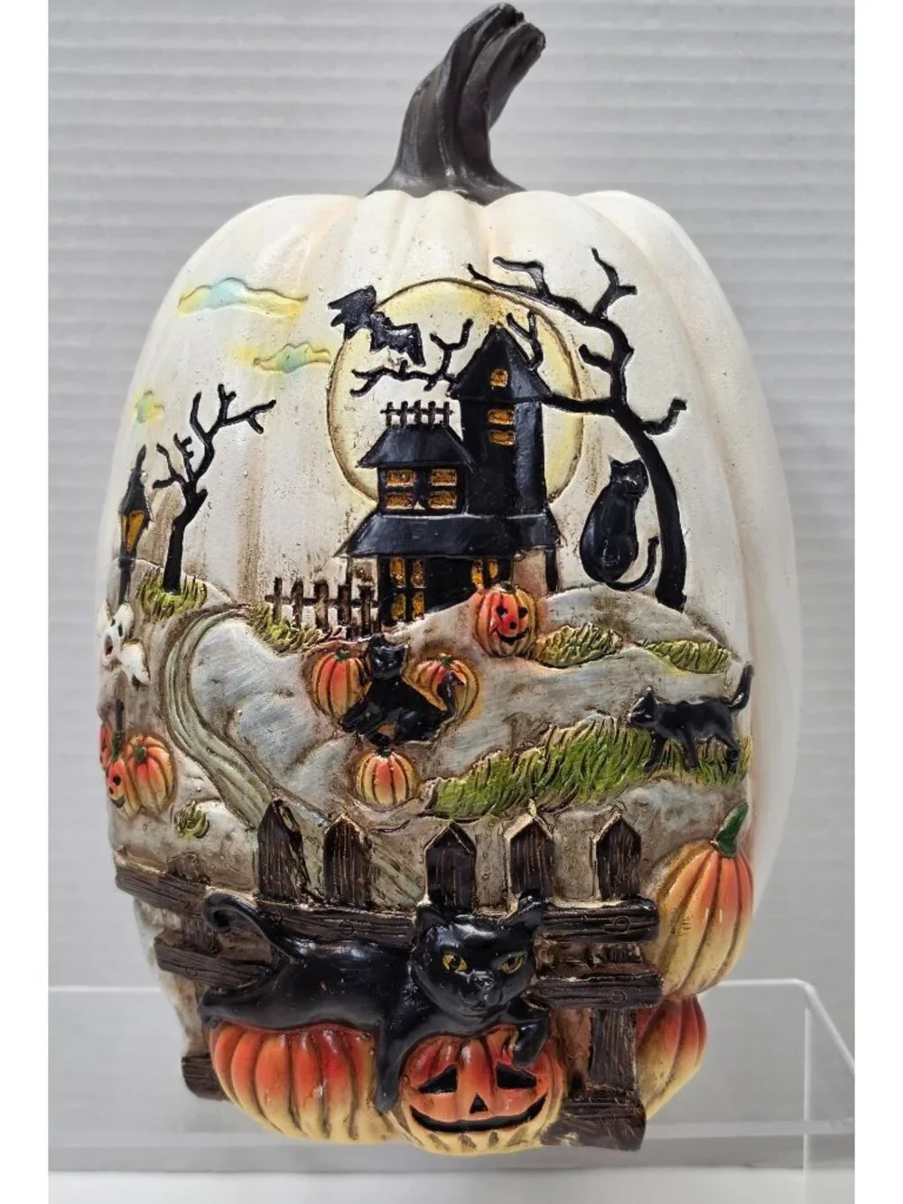 Vintage Halloween White Pumpkin Haunted House Black Cat Lighted Decor 10